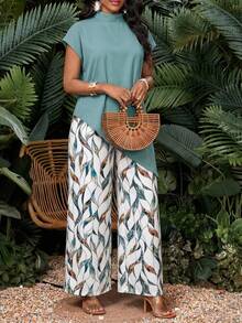 SHEIN Lady 女士纯色立领蝙蝠袖短袖不对称下摆衬衫和印花阔腿裤休闲两件套 - 彩色 - 查看 3