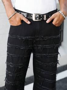 Manfinity EMRG Spring & Summer Vintage Washed Black Straight Loose Baggy Distressed Flared Wide Leg Jeans - Black - View 7