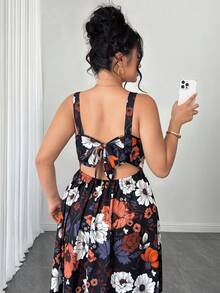 Elenzga Đầm maxi đi biển mùa hè lãng mạn in hoa dành cho nữ, đầm dài không tay dây mảnh, thiết kế hở lưng thắt nơ, đầm maxi lãng mạn cho kỳ nghỉ ở vùng quê. - Nhiều màu - Xem 2