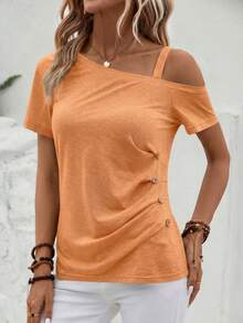 EMERY ROSE Áo thun nữ dáng suông màu trơn, thiết kế bất đối xứng, cài cúc ở eo, thích hợp cho mùa hè. - trái cam - Xem 4