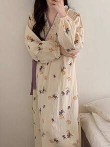 女士和服式长袖轻薄紫色碎花睡袍，甜美可爱宽松版型，家居休闲服，欧美简约设计，纯色时尚家居服，春秋季返校季罩衫浴袍，新娘送礼佳品 - 紫色 - 查看 3
