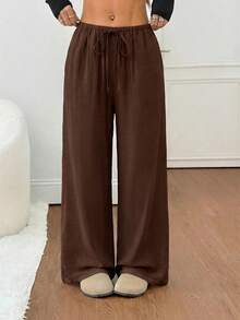 SHEIN PETITE Women's Black Solid Linen Low-Waist Straight-Leg Casual Pants, Suitable For Short Stature, Summer & Autumn - Coffee Brown - View 6