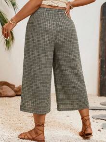 SHEIN VCAY Quần lửng kẻ caro dáng rộng dành cho nữ cỡ lớn - Màu Khaki - Xem 3