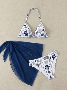 SHEIN Bộ đồ bơi 3 mảnh dành cho thiếu nữ: Áo bikini họa tiết hoa nhí, quần bikini và chân váy buộc dây phía trước, màu xanh dương và trắng. - Xanh và trắng - Xem 5