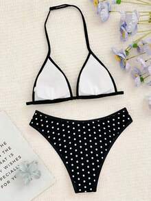 SHEIN Conjunto de bikini con tirantes de espagueti con estampado floral vintage para adolescentes, conjunto de bikini de triángulo con textura de punto de color albaricoque, decoración de concha de cuello halter para traje de baño de playa de verano - Blanco y Negro - Ver 2
