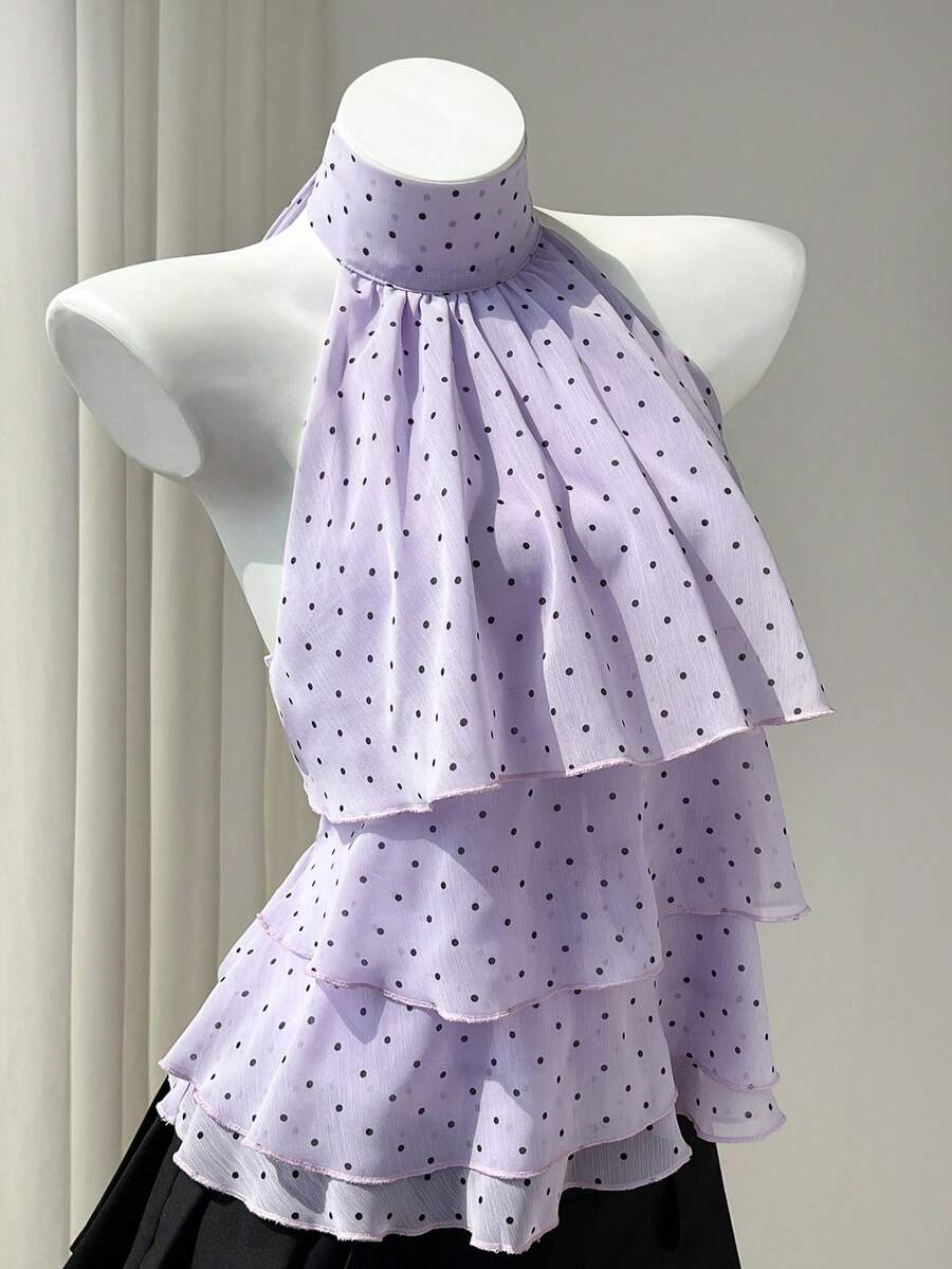 Elamini Women's Polka Dot Pattern Ruffle Neck Blouse - Purple - View 1