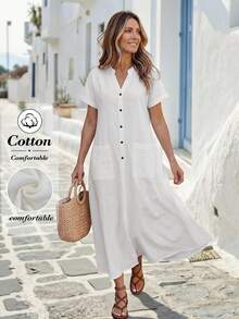 Faunlyn Women's Solid Color V-Neck Short Sleeve Casual Pocket Midi Dress - White - View 1