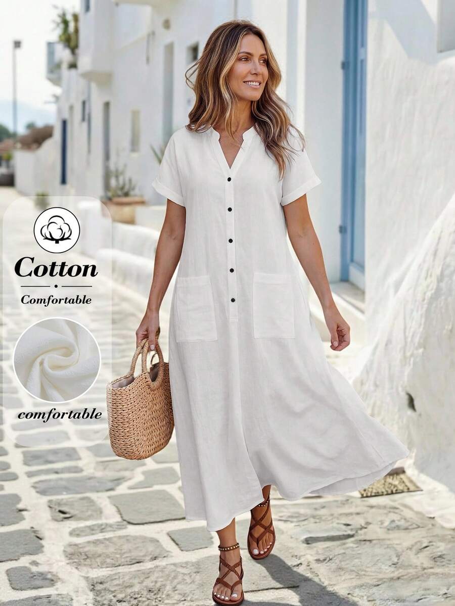 Faunlyn Women's Solid Color V-Neck Short Sleeve Casual Pocket Midi Dress - White - View 1