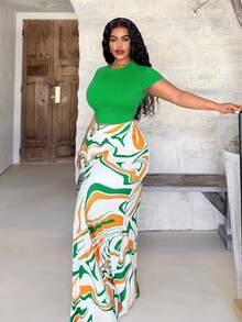 Slaydiva 两件套女式加大码绿色纯色短袖露脐T恤搭配复古波浪印花修身半身裙，弹力针织面料，适合度假、休闲、海滩、篝火晚会、日光浴、酒店、邮轮、郊游、浪漫假期、缤纷假期、节日、优雅假期等场合。 - 彩色 - 查看 6