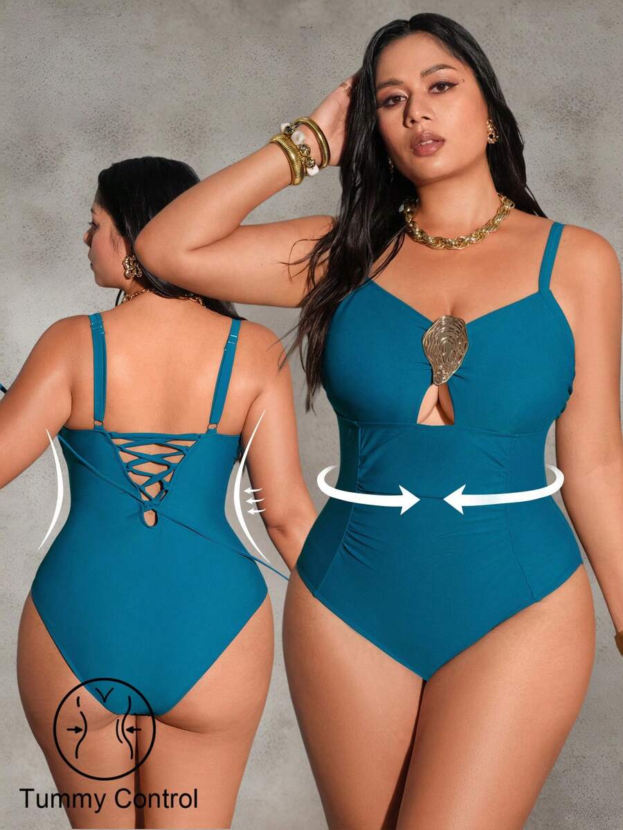 Shapewave Women's Plus Size One-Piece Swimsuit,Light Teal Summer Elegant Beach Luxury Metal Buckle Hollow Out Tummy Control Fitted Bathing Suit Curve - Blue - View 1