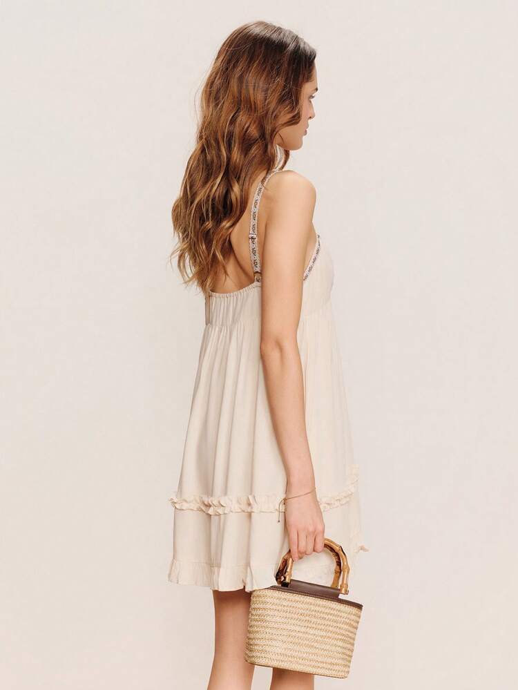 Cream Flared Mini Dress With Floral Trim And Ruffle Details Cute Dress Holiday Dress Vacation Dress Holiday Dress Casual Dress Spring Summer Going Out French Style Parisian Style