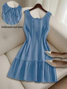 GlowEve CURVE 大码女式纯色纹理无袖露背蝴蝶结A字荷叶边迷你连衣裙，休闲百搭，夏季必备 - 藍色 - 查看 1