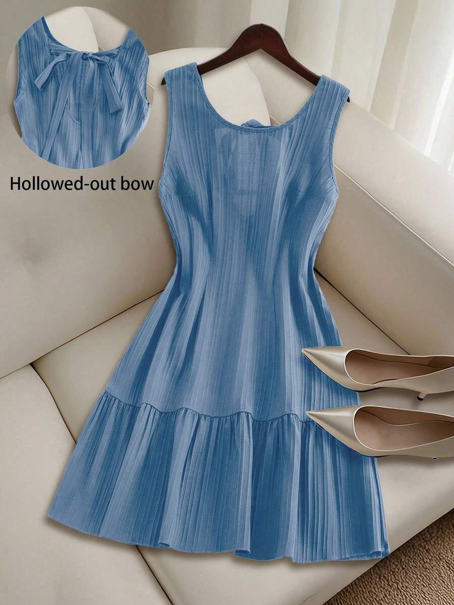 GlowEve CURVE 大码女式纯色纹理无袖露背蝴蝶结A字荷叶边迷你连衣裙，休闲百搭，夏季必备 - 藍色 - 查看 1