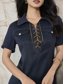 Heiryn Women's Metal Decor Pocket Fashion Short Sleeve Mini Dress - Blue - View 8