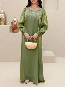 SHEIN Najma Đầm kiểu Ả Rập thanh lịch đính ngọc trai dành cho nữ - màu xanh lá - Xem 4