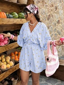 Weeklong Damen Große Größen Fruchtmuster Elastischer V-Ausschnitt Taillierter Ärmellos A-Linie Lässig Jumpsuit, geeignet für Frühling/Sommer - Verschiedenfarbig - Übersicht 1