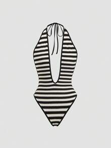 Sweetra Bộ jumpsuit nữ màu đen trắng kẻ sọc, chất liệu vải dệt, cổ chữ V sâu, kiểu dáng châu Âu và Mỹ, thích hợp cho các bữa tiệc mùa hè, đi hồ bơi, bãi biển và kỳ nghỉ. - Đen và trắng - Xem 3