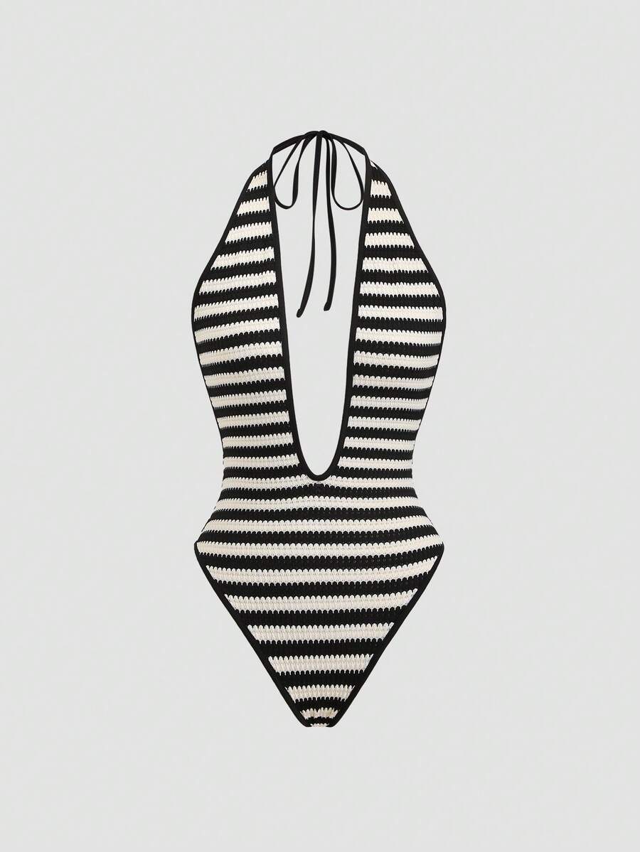 Sweetra Bộ jumpsuit nữ màu đen trắng kẻ sọc, chất liệu vải dệt, cổ chữ V sâu, kiểu dáng châu Âu và Mỹ, thích hợp cho các bữa tiệc mùa hè, đi hồ bơi, bãi biển và kỳ nghỉ. - Đen và trắng - Xem 1