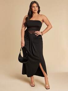 SHEIN BAE Große Größen Damen Schwarzes Mesh Patchwork Kleid - Schwarz - Übersicht 5