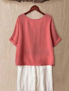 Linhara Camisa casual de talla grande con cuello en V y mangas cortas, con botones de madera, adecuada para salidas y viajes - Rosa coral - Ver 2