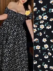 Vibekara Lässiges Kleid in Große Größen mit Ditsy-Blumenmuster und Taillenzug - Schwarz - Übersicht 1