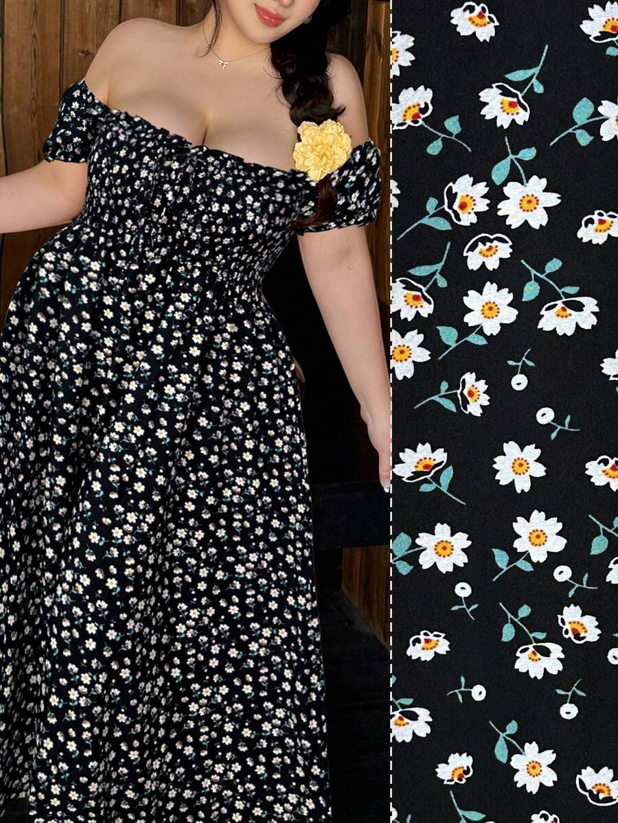 Vibekara Lässiges Kleid in Große Größen mit Ditsy-Blumenmuster und Taillenzug - Schwarz - Übersicht 1