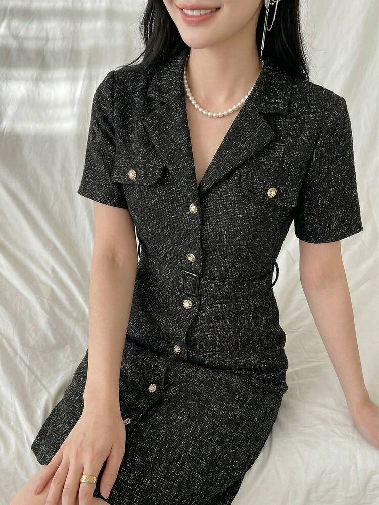 Women's Lapel NeckSingle-Breasted Short Sleeve Elegant Long Dress