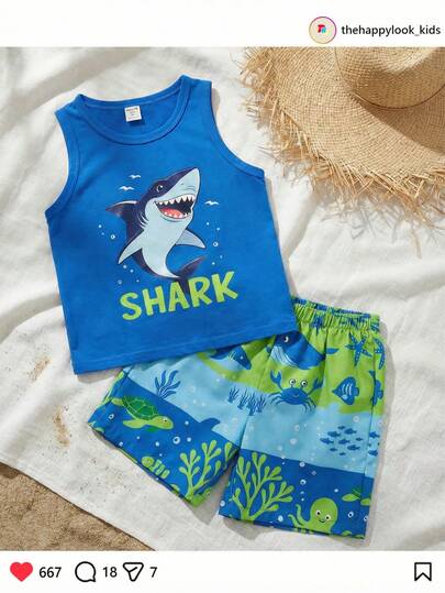 THE HAPPY LOOK 男童鲨鱼图案针织柔软圆领无袖上衣和松紧腰短裤两件套