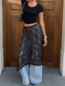 Siren Gaze Chân váy ren hoa thời trang dáng lệch gấu dành cho nữ - Màu nâu Sô-cô-la - Xem 1