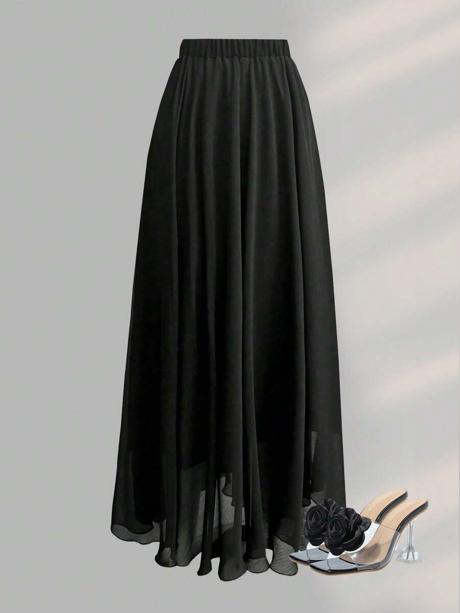 Franclia Váy voan dài lưng thun co giãn thời trang mùa hè cỡ lớn, váy maxi cho lễ Tạ ơn - màu đen - Xem 1