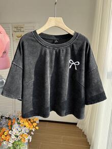 Comfortcana Plus Size Short Sleeve Cotton T-Shirt, Washed Snowflake Design, Spring - Black - View 5