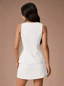 SHEIN PETITE Women's Suit Vest + Suit Skirt Two Pieces Set - White - View 2