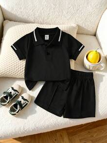 Bộ áo polo và quần short màu xanh lá cây tối giản cho bé trai, thích hợp cho các buổi đi chơi, mặc thường ngày và dự tiệc. - màu đen - Xem 3
