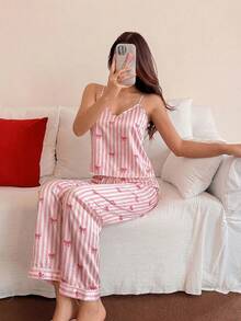 Napfluff 2 piezas Conjunto de pijama de seda sintética rosa con patrón de lazo y rayas - Rosa - Ver 3