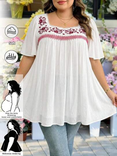 SHEIN CURVE+ 大码女式花卉刺绣喇叭袖休闲度假衬衫，复古风格