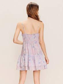 Lilac Floral Mini Dress With Ruffles, V-Neckline And Smocked Back Spring Summer Dress Ruffle Dress Vacation Dress Holiday Dress French Style Parisian Style Ruffle Dress Loose Vacation Dress - Multicolor - View 2