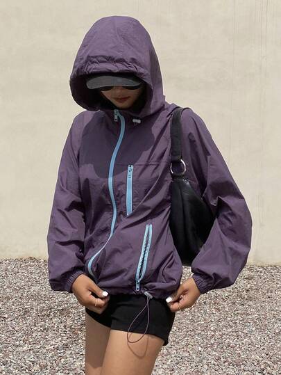 DAZY Contrast Color Zipper Loose Hooded Long Sleeve Sunscreen Jacket, Casual Sports Summer Coat For Women