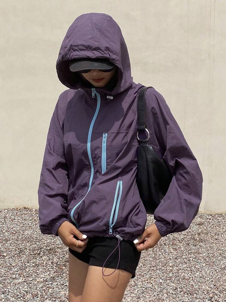 Contrast Color Zipper Loose Hooded Long Sleeve Sunscreen Jacket, Casual Sports Summer Coat For Women