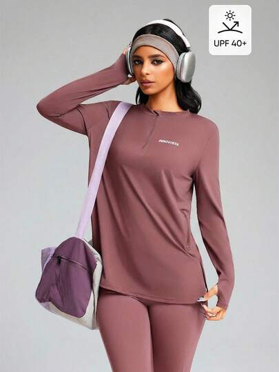 Innovista Zip Pocket Tee Red Pink Long Sleeve Loose Mid-Length Active T-Shirt, Half Zip Front, Side Pockets, Thumbholes, Side Slit Hem, Soft Stretch | Modest Sporty Layering For Gym Yoga Running Travel | T-Shirt Sport Ample Zippé Poches Trous Pour Pouces | تيشيرت رياضي واسع بسحاب وجيوب | Uk Gymtok Athleisure Clean Girl Long Sleeve Active Wear Running Outfit For Women Set Fitness Clothes Activewear Set Gym Outfit For Women Top Gym Cover Up Top