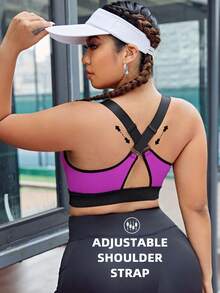 SHEIN Sports 加大码撞色包边交叉后背运动文胸，内置胸垫，不可拆卸胸垫，高支撑背心式设计，适合健身、瑜伽、跑步等运动，黑色，适合中国新年穿着 - 彩色 - 查看 7
