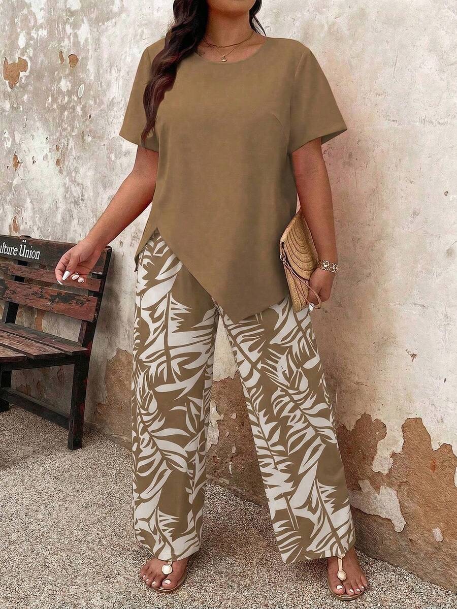 2pcs Plus Size Women Holiday Set - Solid Asymmetric Hem Top & Tropical Plants Print Pants - Khaki - View 1