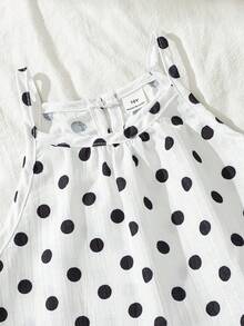 SHEIN 2pcs Girls Casual Sleeveless Polka Dot Top And Wide Leg Pants Set, Summer Outfit With Droplet Buttons, Ruffle Hem, Relaxed Fit For Beach, Vacation - White - View 3