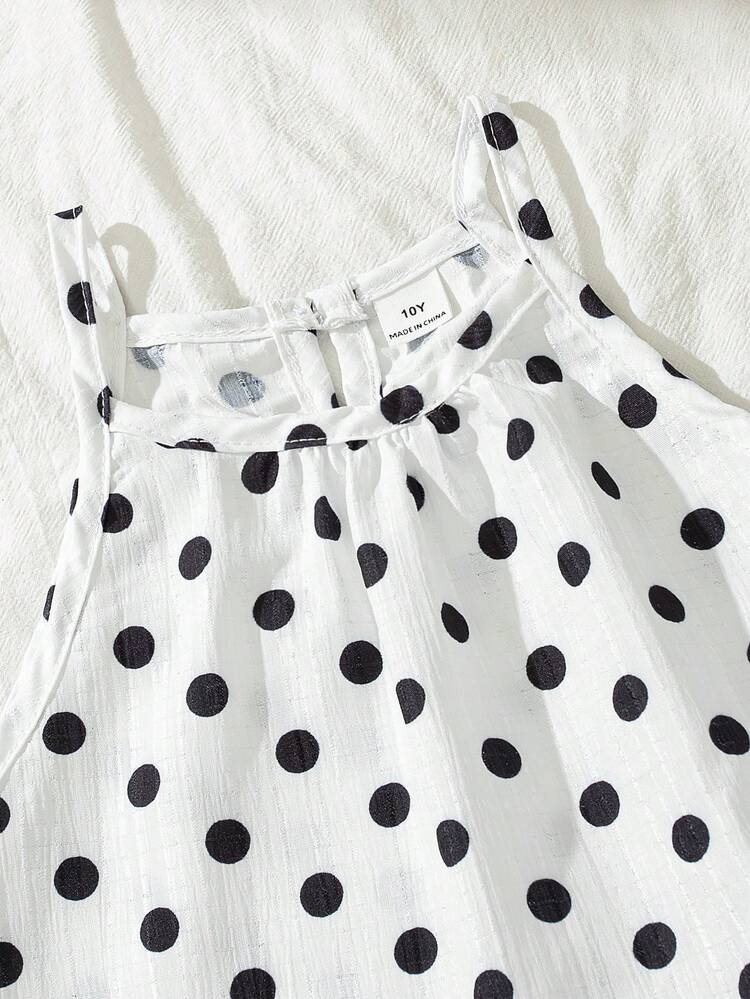 SHEIN 两件套女童休闲无袖波点上衣和阔腿裤套装，夏季套装，饰有水滴形纽扣和荷叶边下摆，宽松版型，适合海滩和度假穿着。 - 白色 - 查看 3