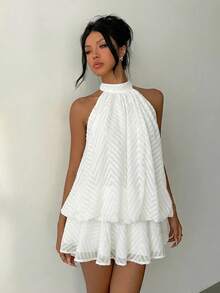 Aloruh 女士优雅白色吊带系带迷你连衣裙，女士雪纺提花迷你裙，夏季连衣裙，情人节套装，女士沙滩裙，伴娘礼服，节日连衣裙，波点连衣裙 - 白色 - 查看 7