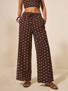 Poéselle Pantalones anchos de pierna ancha con estampado todo sobre, cintura con cordón y bolsillos, para uso diario, pantalones marrones, pantalones de playa, pantalones casuales, para verano para mujeres, pantalones de playa para mujeres, pantalones de vacaciones para mujeres - Marrón - Ver 2