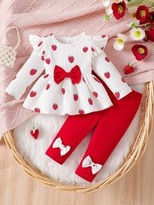 SHEIN Nuevo conjunto de 2 piezas de suéter de manga abullonada con estampado de corazones blancos y rojos y pantalones pitillo a juego para recién nacidos, ideal para fiestas y salidas - Multicolor - Ver 3