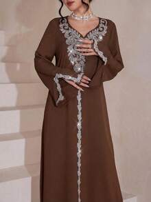 Al Najma 奢华刺绣串珠宽松长袖开衩连衣裙，土耳其和阿拉伯传统风格 - 咖啡棕 - 查看 6