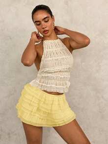 Swim Glamine Women's Solid Color Elastic Waist Ruffle Hem Romper Yellow Ruffle Shorts Ruffles Shorts Frilly Short Yellow Shorts For Women Skorts For Women Co Ord - Light Yellow - View 7