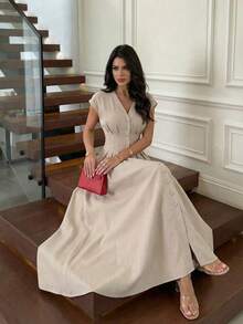 Firerie 女士新款卡其色V领泡泡袖荷叶边收腰长款连衣裙，V领长款连衣裙，纯色长款连衣裙，V领纽扣前开襟长款连衣裙，宽松荷叶边下摆长款连衣裙，收腰泡泡袖休闲工作连衣裙，春夏服装，优雅，通勤，婚礼季，毕业典礼，舞会，演出，工作服，返校季，晚宴，生日礼服，连衣裙，生日礼服，正式场合 - 卡其色 - 查看 8