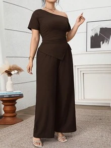 Modelyn 大尺碼女款優雅棕色夏季純色不對稱領金屬裝飾抓皺修身上衣與寬腿褲兩件套，適合春季、秋季 - 咖啡棕 - 查看 5